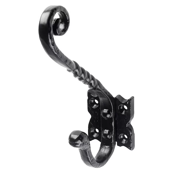 Rei Garderobenhaken C521 - L x B x H: 85 x 40 x 140 mm, Eisen, Schwarz - Schwarzer Schmiedeeisen-Garderobenhaken mit gedrehtem Stiel und dekorativer Rückenplatte.