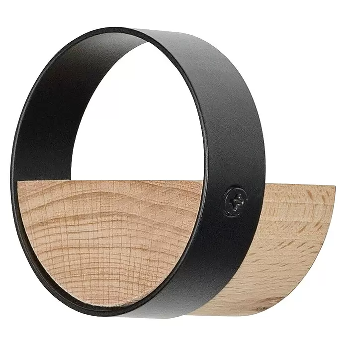 Rei Garderobenhaken C8704 - L x B x H: 40 x 50 x 50 mm, Holz, Schwarz - Rundes schwarzes Metallregal mit hellem Holzsockel.