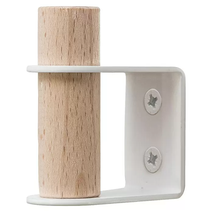 Rei Garderobenhaken C8710 - L x B x H: 55 x 28 x 66 mm, Holz, Weiß - Weiße Metall-Wandhalterung mit hellem Holzzylinderhaken, befestigt mit zwei Torx-Schrauben.