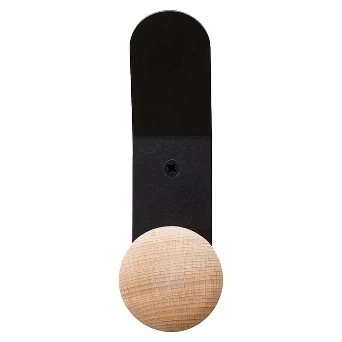 Rei Garderobenhaken C8713 - L x B x H: 37 x 45 x 135 mm, Holz, Schwarz - Schwarzer Wandhaken mit abgerundeter Oberseite, sichtbarer Befestigungsschraube und einem kugelförmigen Naturholzhaken.