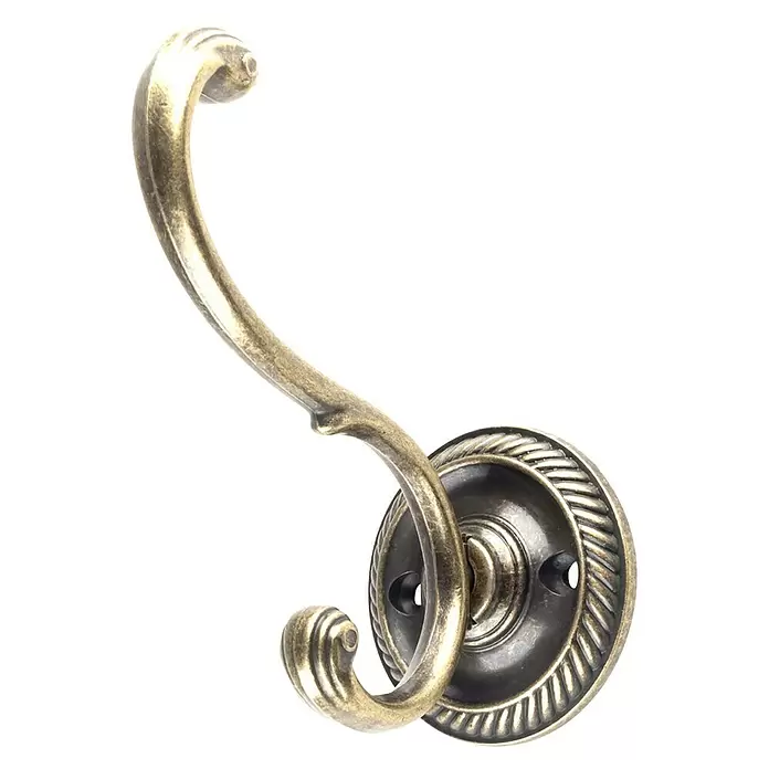 Rei Garderobenhaken C526 - L x B x H: 87 x 55 x 110 mm, Zinkdruckguss, Gold - Haken aus antikem Messing mit verzierter, runder Basis.