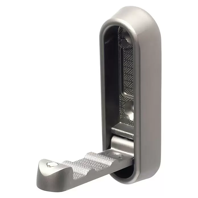 Rei Garderobenhaken C8726 - L x B x H: 12 x 23 x 72 mm, Zinkdruckguss, Silber - Silbernes, metallisches Klapp-Trittbrett, teilweise aus seinem Gehäuse ausgefahren.