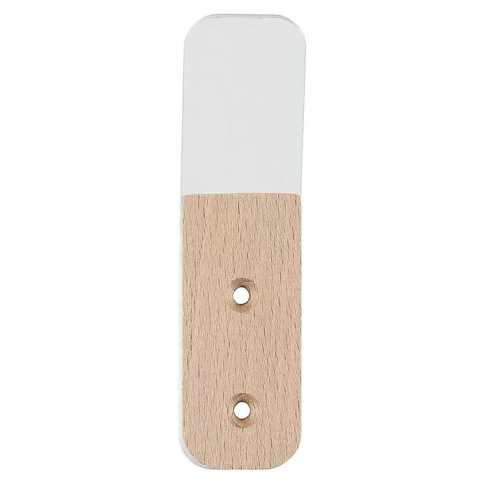Rei Garderobenhaken C8708 - L x B x H: 26 x 25 x 92 mm, Stahl, Weiß - Rechteckiger Griff mit weißem Oberteil und hellem Holzunterteil mit zwei Befestigungslöchern.
