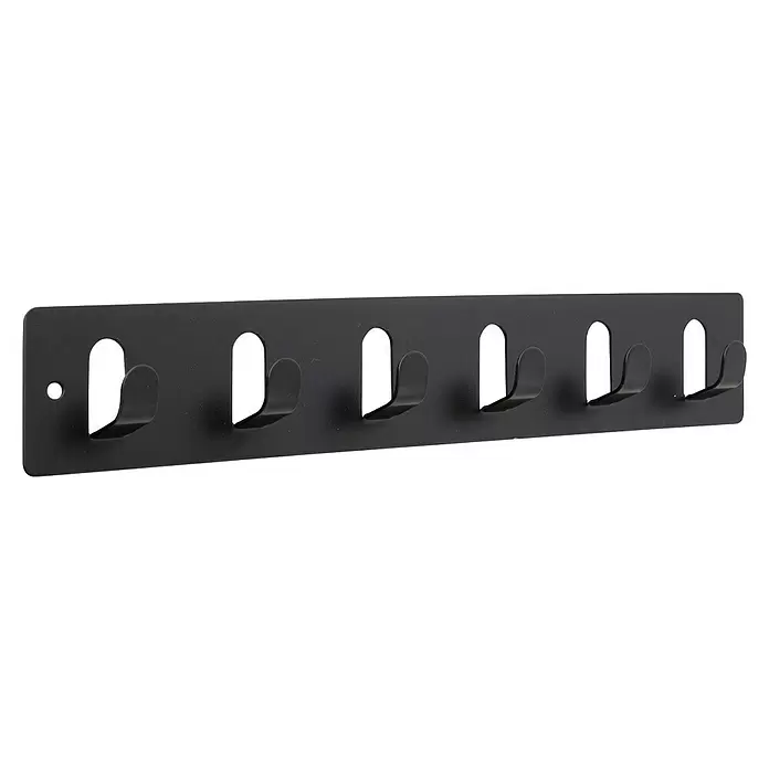 Rei Garderobenleiste C1031 - L x B x H: 21 x 300 x 50 mm, Stahl, Schwarz - Schwarze Metall-Wandgarderobe mit sechs Haken zum Aufhängen von Gegenständen.