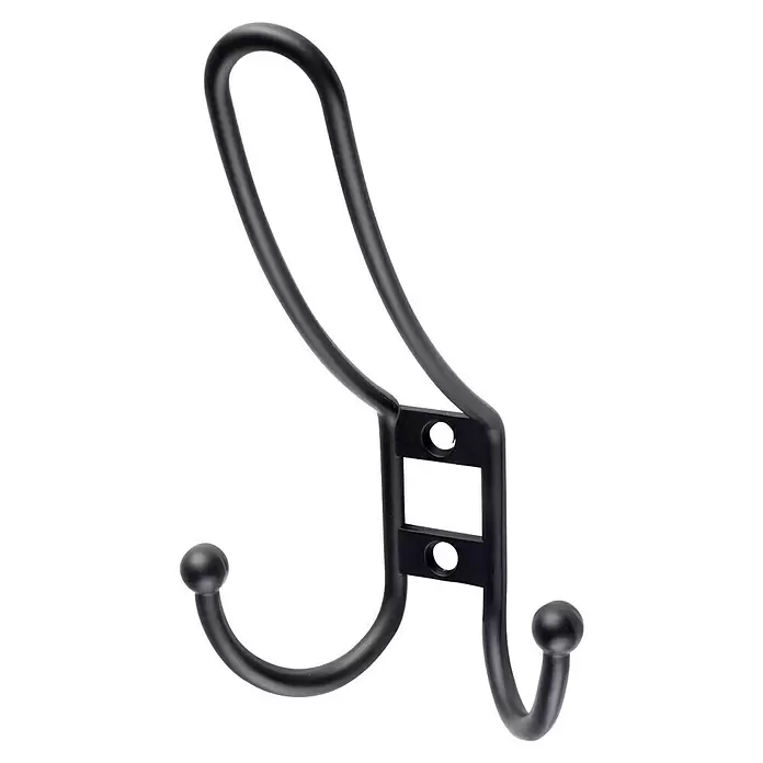 Rei Garderobenhaken C6804 - L x B x H: 54 x 69 x 116 mm, Zinkdruckguss, Schwarz - Schwarzer Doppelkleiderhaken aus Metall mit zwei unteren Haken, die jeweils mit einer Kugel versehen sind.