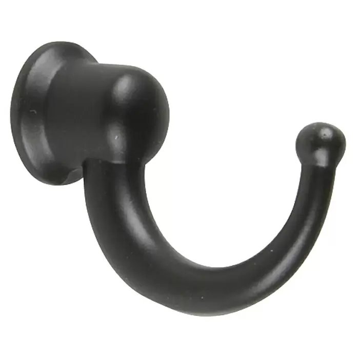 Rei Garderobenhaken C1034 - L x B x H: 29 x 12 x 20 mm, Zinkdruckguss, Schwarz - Dunkler, matter Metall-Wandhaken mit runder Basis und gebogenem Arm, der in einem Knauf endet.