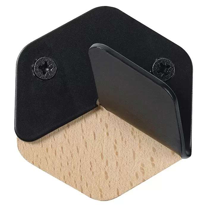 Rei Garderobenhaken C8715 - L x B x H: 40 x 61 x 66 mm, Holz, Schwarz - Schwarzer Eckhalter mit zwei Schrauben und hellbrauner Filzunterlage.