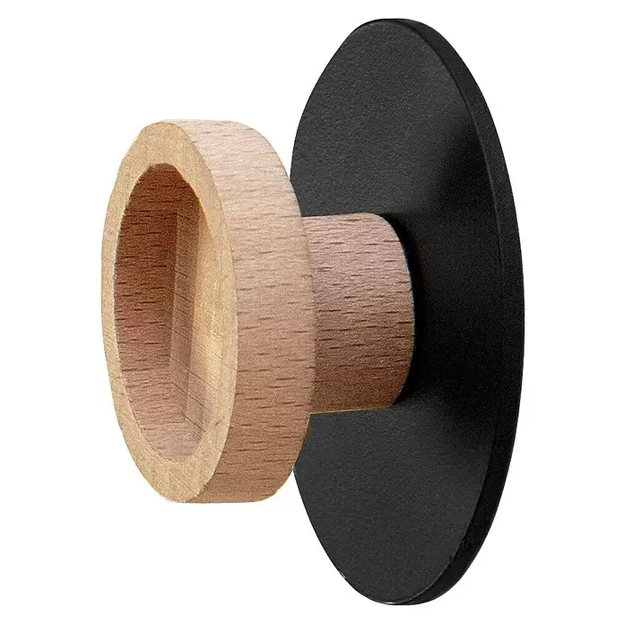 Rei Garderobenhaken C8717 - L x B x H: 26 x 60 x 60 mm, Holz, Schwarz - Rundes Holz-Element mit mattschwarzer Kreisscheibe, wahrscheinlich ein Wandhaken oder Möbelknauf.