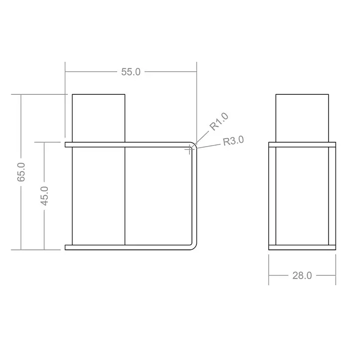 Rei Garderobenhaken C8710 - L x B x H: 55 x 28 x 66 mm, Holz, Weiß - Technisches Zeichnung eines U-Profils mit Länge 55.0, Höhe 65.0, Tiefe 28.0 und Radien R1.0, R3.0.