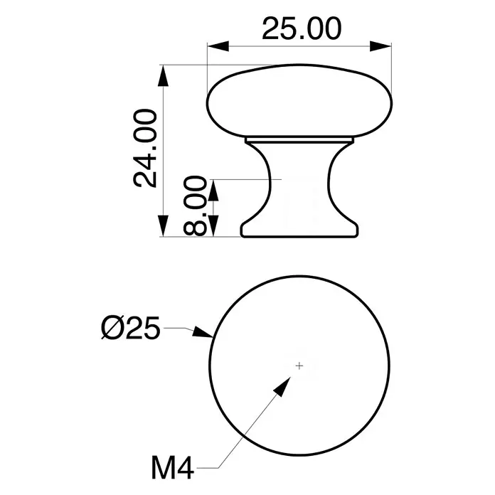 Rei Pomo para muebles - Diámetro: 25 mm, Negro - Dibujo técnico de un pomo redondo para muebles con tornillo M4, 25mm de diámetro, 24mm de altura y 8mm de proyección.