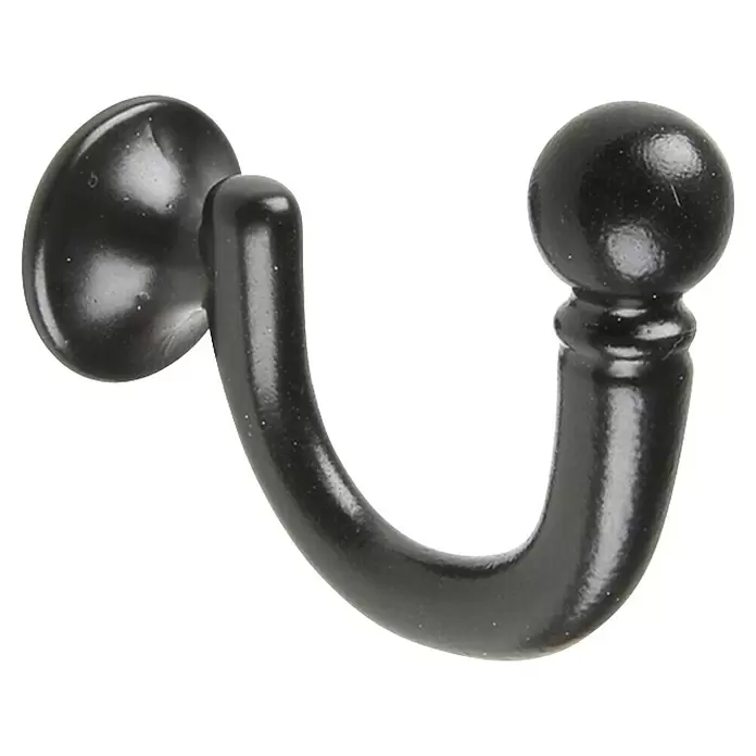 Rei Garderobenhaken C1035 - L x B x H: 42 x 22 x 51 mm, Zinkdruckguss, Schwarz - Dunkler U-förmiger Raffhalter für Vorhänge mit runder Befestigungsbasis und dekorativer Kugel am Ende.