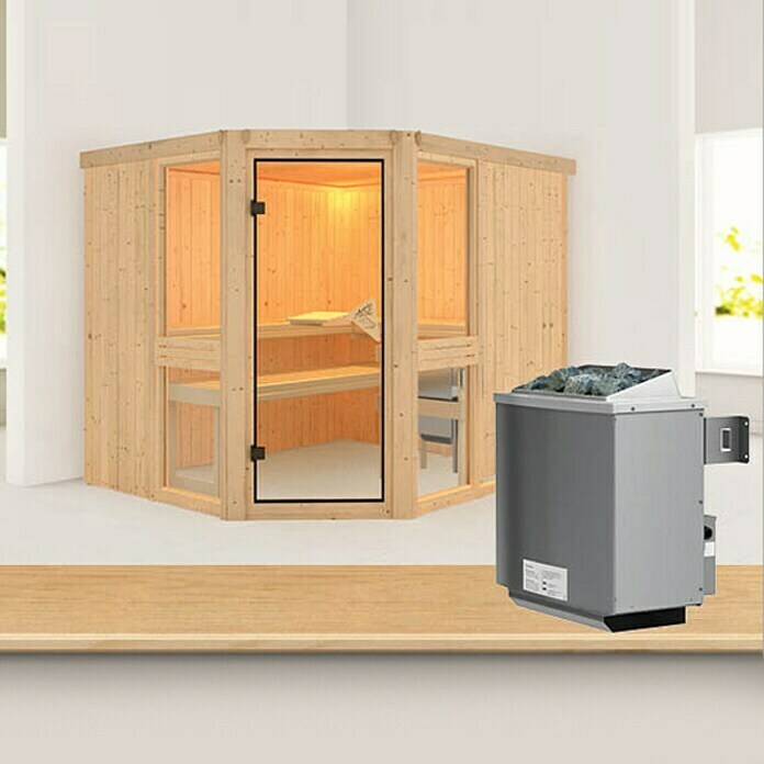 Karibu Elementsauna Amelia 3 (Mit 9 kW Ofen mit integrierter Steuerung, Ohne Dachkranz, L x B x H: 231 x 196 x 192 cm)