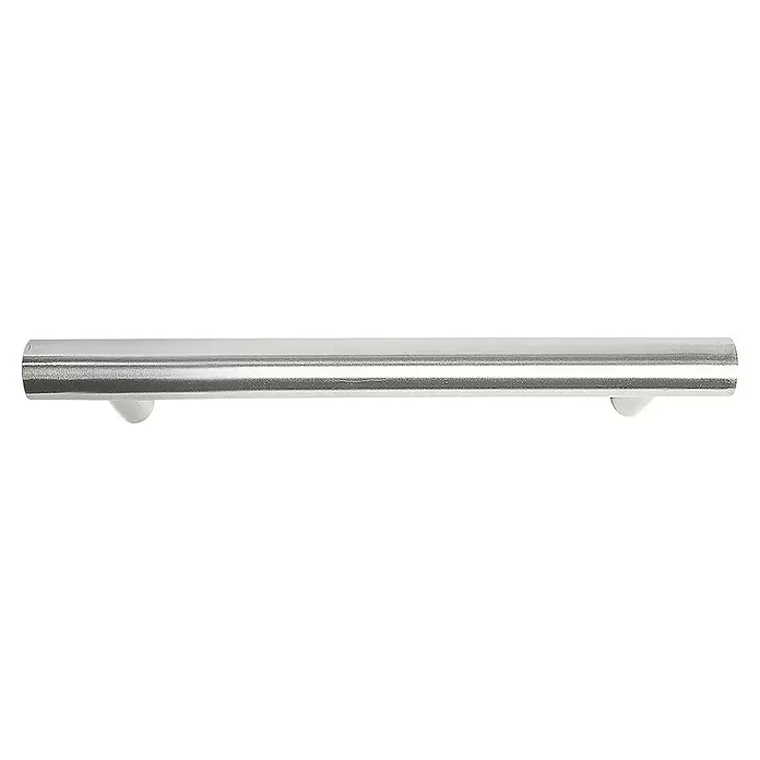 Rei Tirador para muebles - Distancia entre orificios: 96 mm, Acero, Acero inoxidable, Redonda, L x An x Al: 136 x 12 x 32 mm - Barra de agarre de metal plateado pulido con dos pies de soporte blancos.