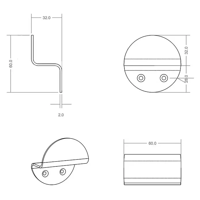 Rei Garderobenhaken C8712 - L x B x H: 32 x 60 x 64 mm, Stahl, Weiß - Technische Zeichnung einer S-förmigen Halterung mit abgerundetem Ende und zwei Schraubenlöchern, mit mehreren Ansichten und Maßen.