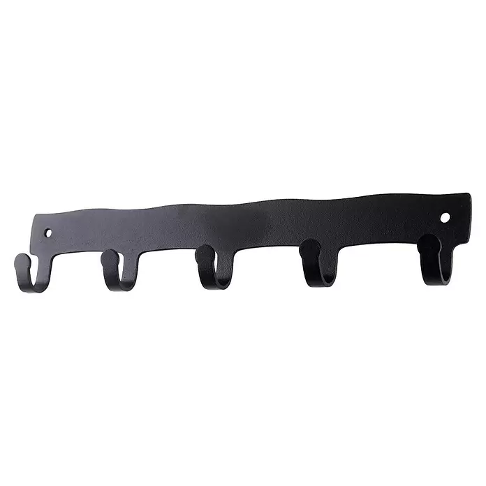 Rei Garderobenleiste C8722 - L x B x H: 20 x 215 x 42 mm, Eisen, Schwarz - Schwarze Metallgarderobe mit gewellter Oberkante und fünf Haken, mit zwei Befestigungslöchern.