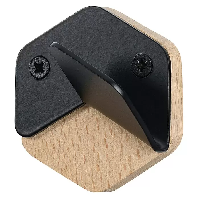 Rei Garderobenhaken C8715 - L x B x H: 40 x 61 x 66 mm, Holz, Schwarz - Hexagonale helle Holzbasis mit schwarzem Metall-Winkelhaken, befestigt mit zwei schwarzen Schrauben mit Sternantrieb.