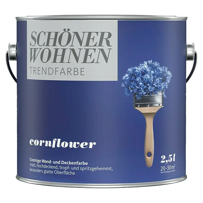 SCHÖNER WOHNEN-Farbe Wandfarbe Trendfarbe Jubiläumsedition - Cornflower, Matt, 2,5 l, Konservierungsmittelfrei - Farbdose "Schöner Wohnen Trendfarbe" in Kornblumenblau, 2,5l, für Wände und Decken. Matt, hochdeckend und tropfgehemmt.