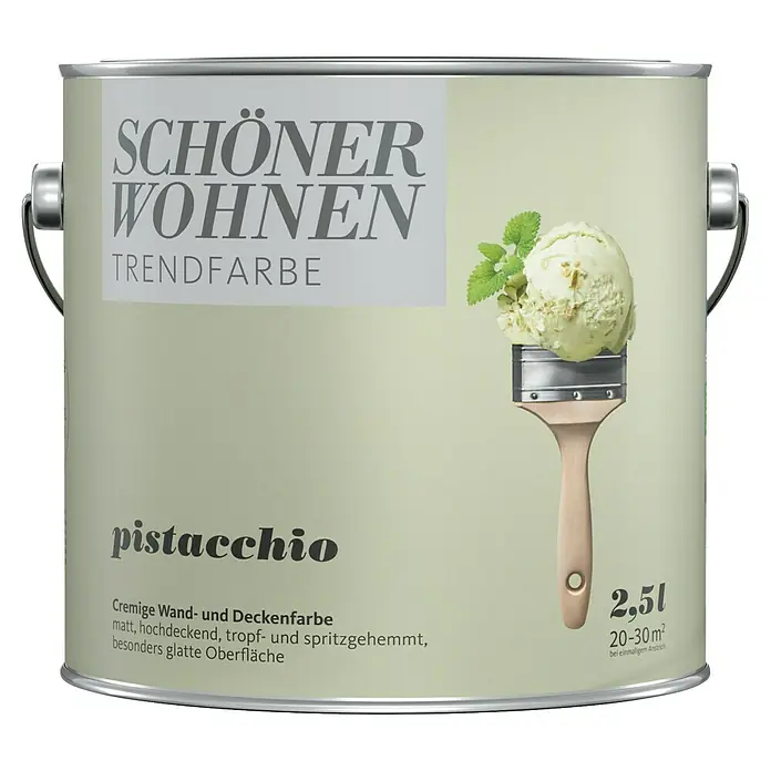 SCHÖNER WOHNEN-Farbe Wandfarbe Trendfarbe Jubiläumsedition - Pistacchio, Matt, 2,5 l, Konservierungsmittelfrei - Dose Schöner Wohnen Trendfarbe "Pistacchio" für cremige Wand- und Deckenfarben. Matt, hochdeckend und spritzgehemmt für glatte Oberflächen.