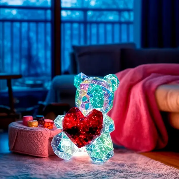 Tween Light LED-Dekoleuchte Valentin - Transparent/Irisierend, L x B x H: 23 x 19 x 30 cm, Valentin - Ein leuchtender, facettierter Teddybär mit einem roten Herz auf einem flauschigen Teppich in einem gemütlichen Raum.
