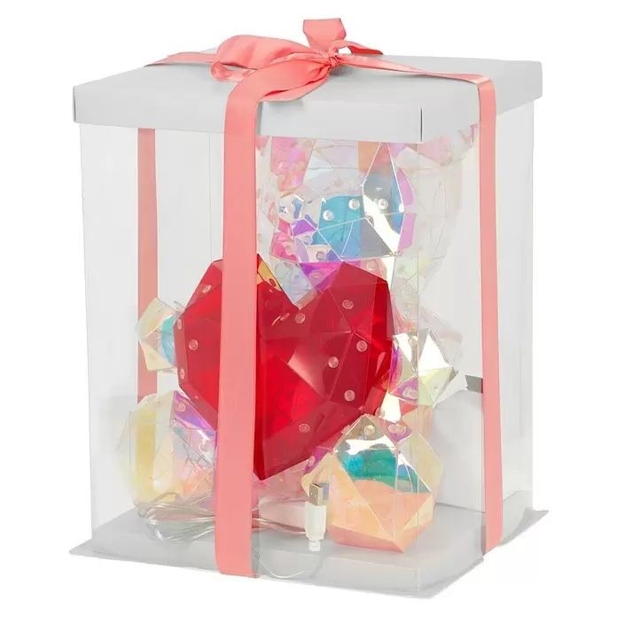 Tween Light LED-Dekoleuchte Valentin - Transparent/Irisierend, L x B x H: 23 x 19 x 30 cm, Valentin - Transparente Geschenkbox mit rosa Band, mit facettiertem schillerndem Bär, rotem Herz und USB-Kabel.