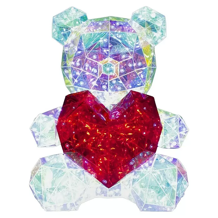 Tween Light LED-Dekoleuchte Valentin - Transparent/Irisierend, L x B x H: 23 x 19 x 30 cm, Valentin - Kristalliner Teddybär mit schillernden Facetten und einem leuchtenden roten Herz, geometrisch gestaltet.