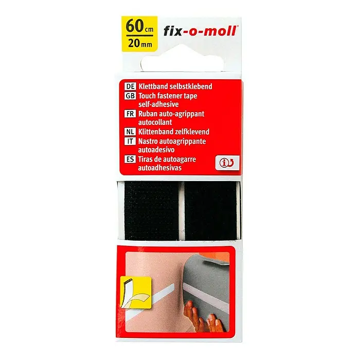 Fix-o-moll Klettband - 60 cm x 20 mm, Schwarz, Kleben - Selbstklebendes Klettband von fix-o-moll, 60 cm lang und 20 mm breit, für vielseitige Anwendungen im Haushalt und Hobbybereich.