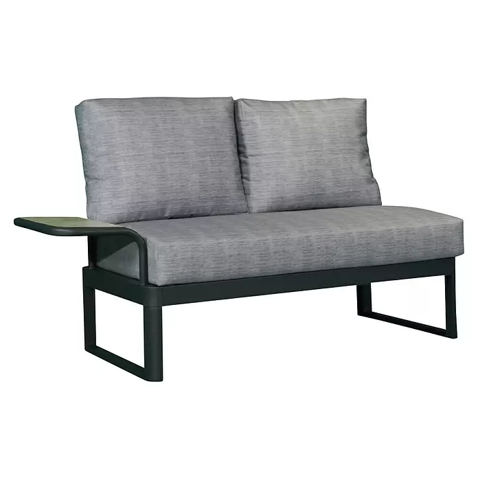 Bonlay Loungesofa Elara - B x T x H: 148 x 65 x 83 cm, Aluminium, Polyester, HPL, Anthrazit - Graues Zweisitzer-Outdoor-Sofa mit schwarzem Metallgestell und integriertem Beistelltisch.