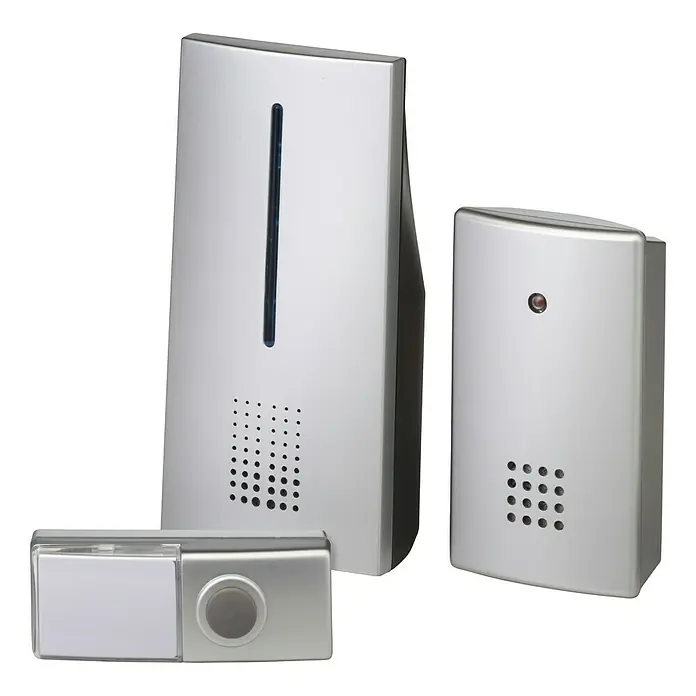 Heidemann Funk-Gong-Set HX Duo - Reichweite ca.: 100 m, 70 dB - 88 dB, Batteriebetrieben, IP44 - Das Bild zeigt eine drahtlose Türklingel mit drei Einheiten: einem Sender, einem Empfänger und einem Klingeltaster, alle in Silber.