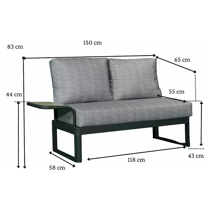 Bonlay Loungesofa Elara - B x T x H: 148 x 65 x 83 cm, Aluminium, Polyester, HPL, Anthrazit - Zweisitzer Gartensofa mit hellgrauen Kissen, dunklem Gestell und integriertem Beistelltisch. Maße angegeben.
