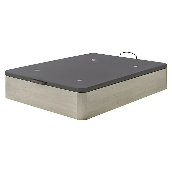 Unique Canapé Plus - L x An x Al: 190 x 150 x 34,5 cm, Roble Ártico, Abatible - La imagen muestra una estructura de cama gris con textura de veta de madera, con asas y que ofrece espacio de almacenamiento. Es un mueble funcional para dormitorios.
