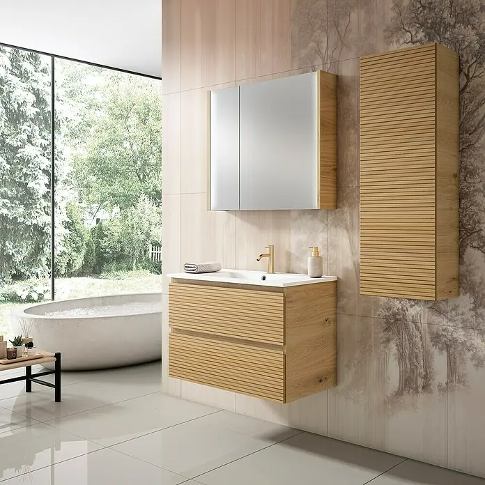 Conjunto de mueble de baño Naomi - Ancho: 100 cm, Roble garriga, Número de cajones: 2 ud., 3 pzs. - Elegante baño con mueble de lavabo de madera, armario con espejo y columna. Diseño moderno con muebles estilosos.