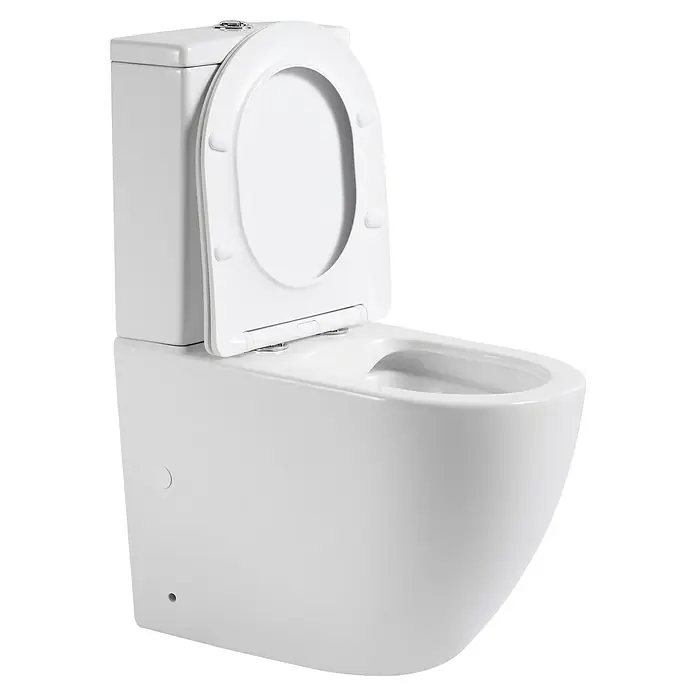 Pack de WC Lara - Sin borde de descarga, Salida WC: Vertical, Blanco - La imagen muestra un inodoro moderno, suspendido, de color blanco con la tapa abierta, destacando su diseño limpio y minimalista.