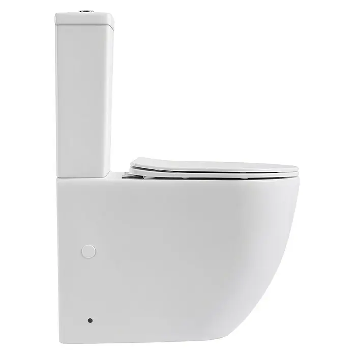 Pack de WC Lara - Sin borde de descarga, Salida WC: Vertical, Blanco - Imagen de un inodoro suspendido blanco con cisterna, que presenta un diseño moderno y líneas limpias. Ideal para un baño elegante.