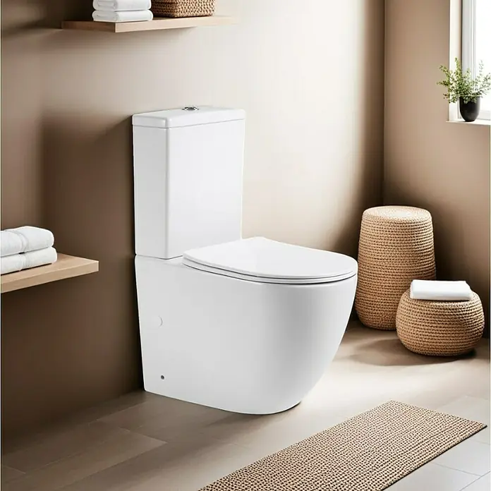 Pack de WC Lara - Sin borde de descarga, Salida WC: Vertical, Blanco - Elegante inodoro en un baño moderno. El inodoro blanco es el punto focal en la habitación minimalista con colores claros y elementos naturales.