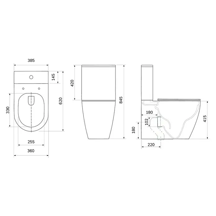 Pack de WC Lara - Sin borde de descarga, Salida WC: Vertical, Blanco - Dibujo técnico de un inodoro con todas las dimensiones para la instalación. Es blanco y tiene una cisterna rectangular.