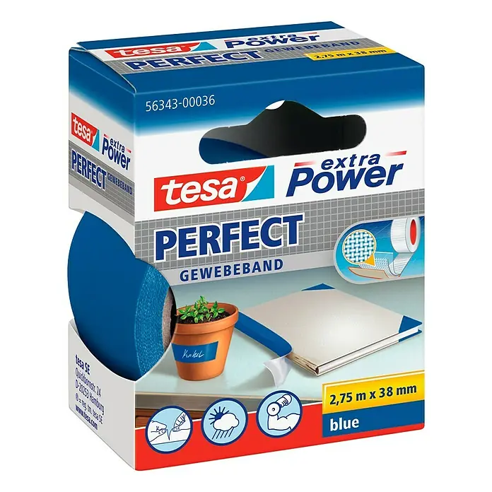 Tesa Extra Power Gewebeband PERFECT - Blau, 2,75 m x 38 mm - Produktansicht des Tesa Perfect Power Gewebebandes in Blau, 2,75 m x 38 mm, vielseitig einsetzbar und ideal für Reparaturen.
