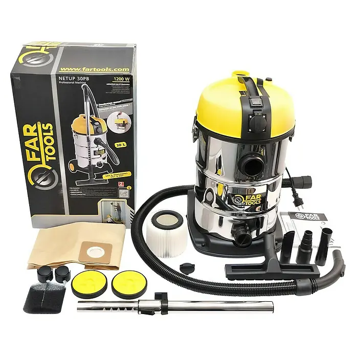 Fartools Aspirador en seco y húmedo NETUP30PB + lijadora de paredes DWS710E - 2 pzs. - Imagen de un aspirador de líquidos y sólidos Far Tools NETUP 30PB con accesorios y caja, ideal para uso profesional.