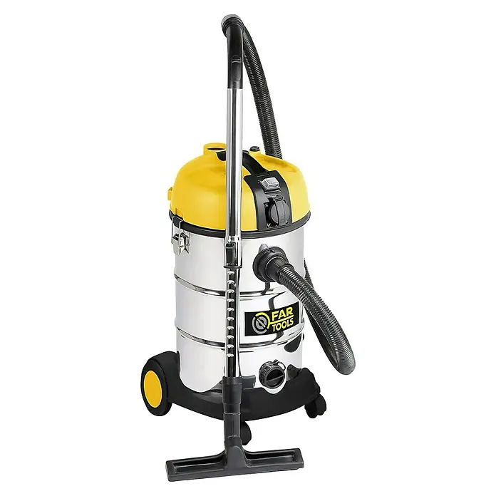 Fartools Aspirador en seco y húmedo NETUP30PB + lijadora de paredes DWS710E - 2 pzs. - Aspiradora Far Tools para sólidos y líquidos, con tapa amarilla y cuerpo cromado, ideal para talleres y obras, ofrece una limpieza potente.