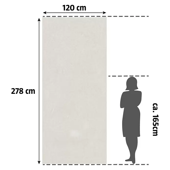 Corso Italia Feinsteinzeugfliese Resin - 120 x 278 cm, Weiß, Matt - Große, hellbeige strukturierte Platte, 278x120 cm, mit 165 cm Person zum Größenvergleich.