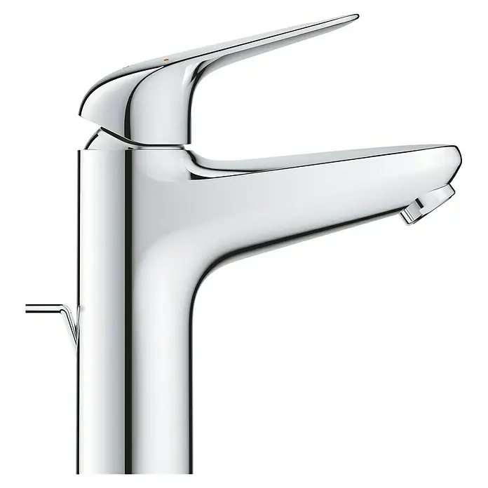 Grohe Swift Waschtischarmatur M-Size - Ausladung Armatur: 116 mm, Chrom, Glänzend - Nahaufnahme eines eleganten, verchromten Wasserhahns, der modernes Design und Funktionalität für Badezimmerarmaturen vereint.