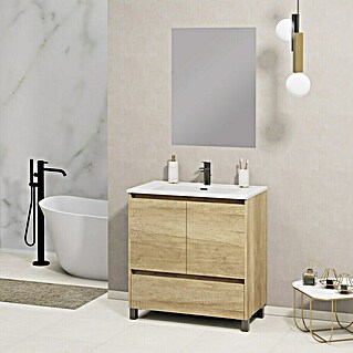Conjunto de mueble de baño Lara (60 cm, Olmo, Efecto madera, 3 pzs.)