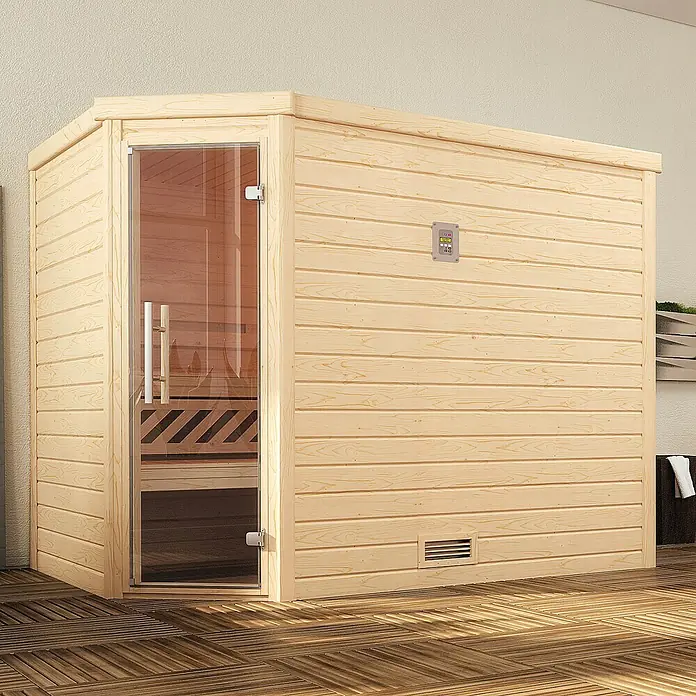 Weka Massivholzsauna Turku 3 GT - Ohne Ofen, L x B x H: 198 x 248 x 205 cm - Freistehende Sauna aus hellem Holz mit Glastür und digitalem Bedienfeld. Ideal für Wellness zu Hause.