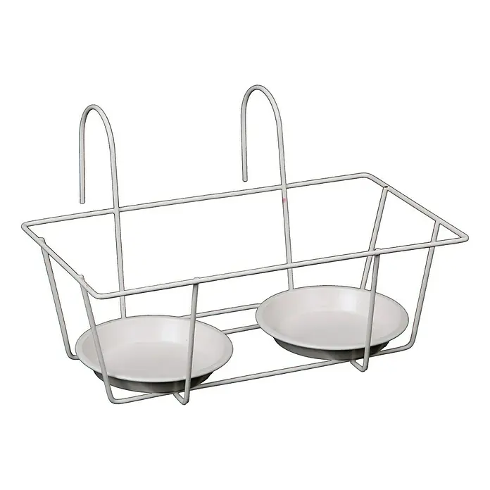 A.H.G. Soporte para maceta Cornwall - x 2, 340 x 240 x 200 mm, Blanco - Un soporte para macetas colgante de metal blanco con dos macetas redondas blancas para plantas.