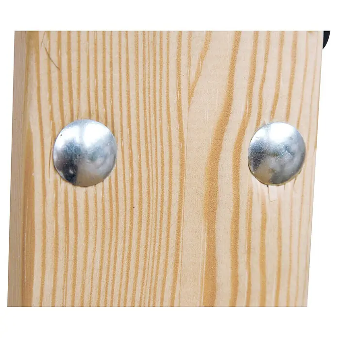 Profi Depot Schlossschraube mit Mutter - Länge: 50 mm, M 6, Stahl, 100 Stk. - Nahaufnahme von zwei silbernen Polsternägeln, die in ein helles Holzbrett getrieben sind, wobei die Holzmaserung deutlich sichtbar ist.