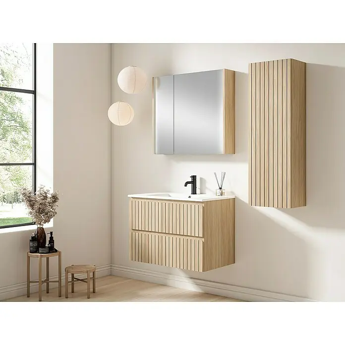 Conjunto de mueble de baño Stripes - Ancho: 100 cm, Roble boreal, Mate, 3 pzs. - Moderno conjunto de baño con mueble de lavabo de madera, espejo y armario alto. Diseño elegante para un baño contemporáneo.