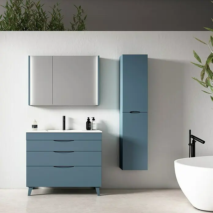 Conjunto de mueble de baño Turia - Ancho: 80 cm, Azul, Mate, 3 pzs. - Moderno conjunto de baño azul con tocador, armario con espejo y columna para un ambiente elegante.