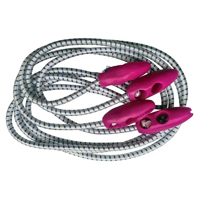 Talamex Klemm Segeleinbinder - Ø x L: 5 mm x 55 cm, 4 Stk., Schnellclip - Nahaufnahme eines Expanders mit blauen Markierungen und vier pinkfarbenen Kunststoffenden.