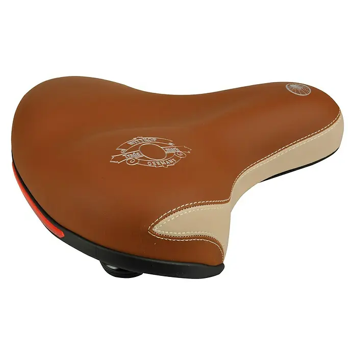 Fischer Fahrradsattel - Geeignet für: Touren- & Cityräder, Zweifarbige Lederoptik - Sattel mit braunem Oberteil und cremefarbenen Akzenten.