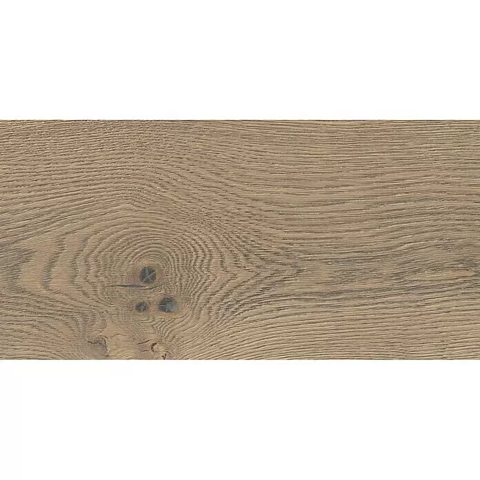 Living by Haro Parkett - 2.200 x 180 x 13,5 mm, Landhausdiele, Eiche - Holzfußbodenplanke mit natürlicher Holzmaserung und Ästen in einem bräunlich-grauen Farbton.
