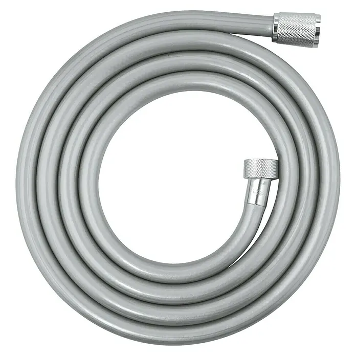 Grohe QuickFix Brauseschlauch Vitalio Comfort 200 - Länge: 200 cm, Kunststoff, Silber - Nahaufnahme eines aufgerollten, grauen Brauseschlauchs mit zwei silberfarbenen Endstücken vor einem schwarzen Hintergrund.